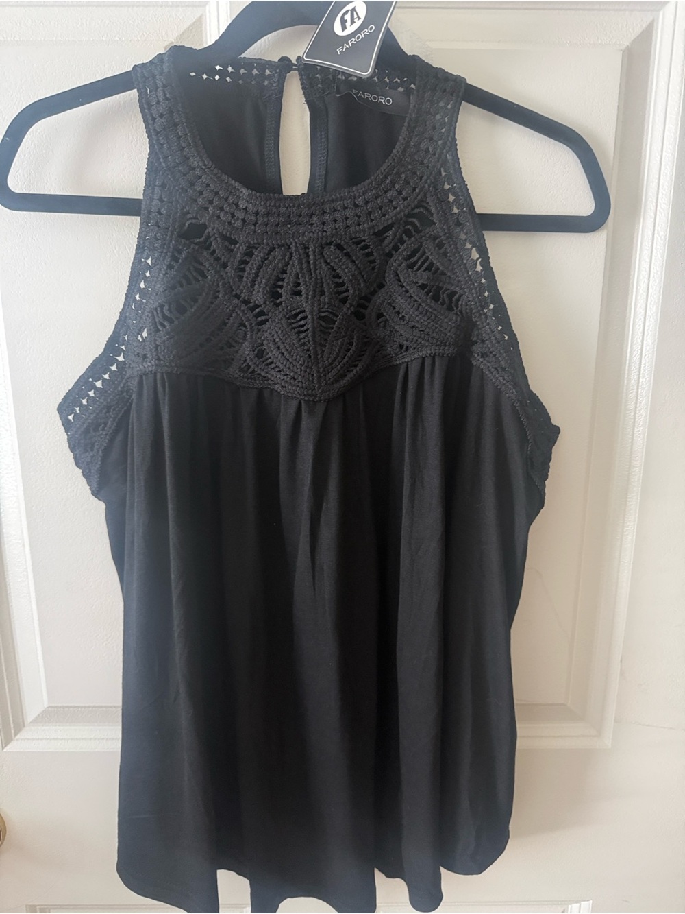 Black Crochet Yoke High-Neck Tank Top
